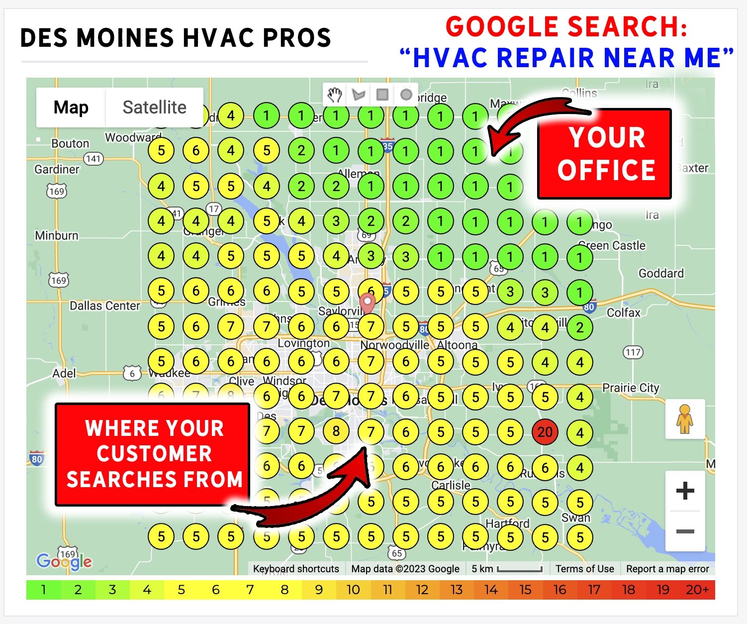 Google Maps ranking heat map showing where a business ranks for local searches