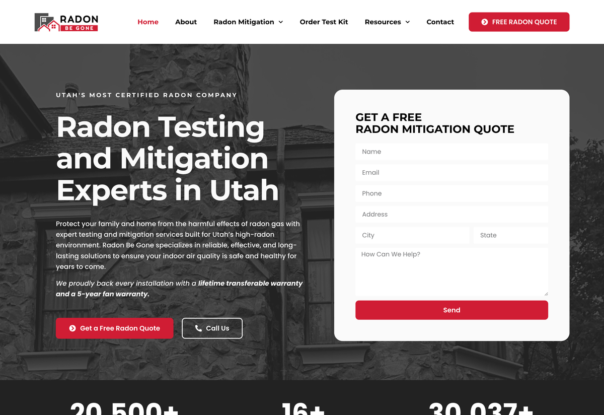 Radon Be Gone website built by Service Booster